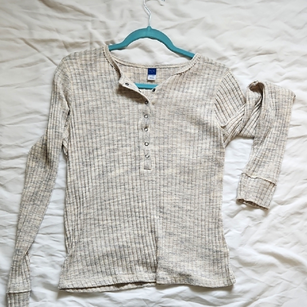 Beige Ribbed Henley Long Sleeve Top
